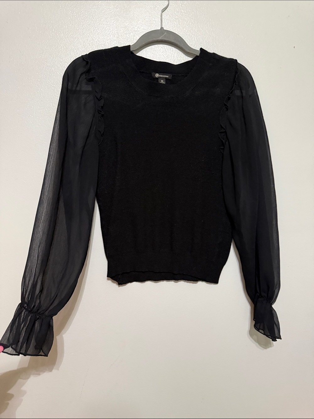 Versona Black Ruffle-Trim Sheer Sleeve Sweater